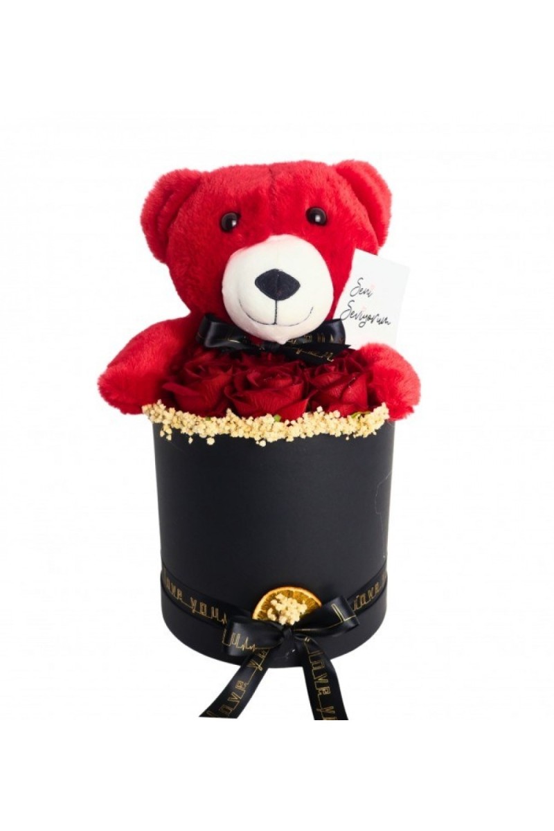 Sevdiklerinize Özel Kutuda Ayıcıklı Güller Kırmızı