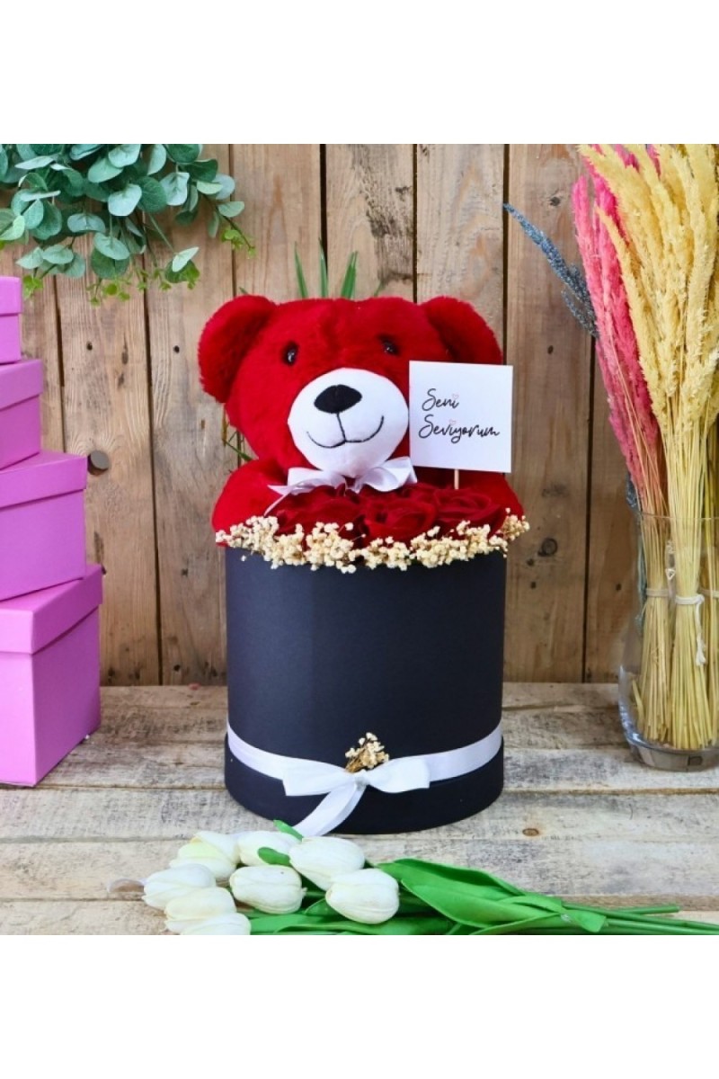 Sevdiklerinize Özel Kutuda Ayıcıklı Güller Kırmızı