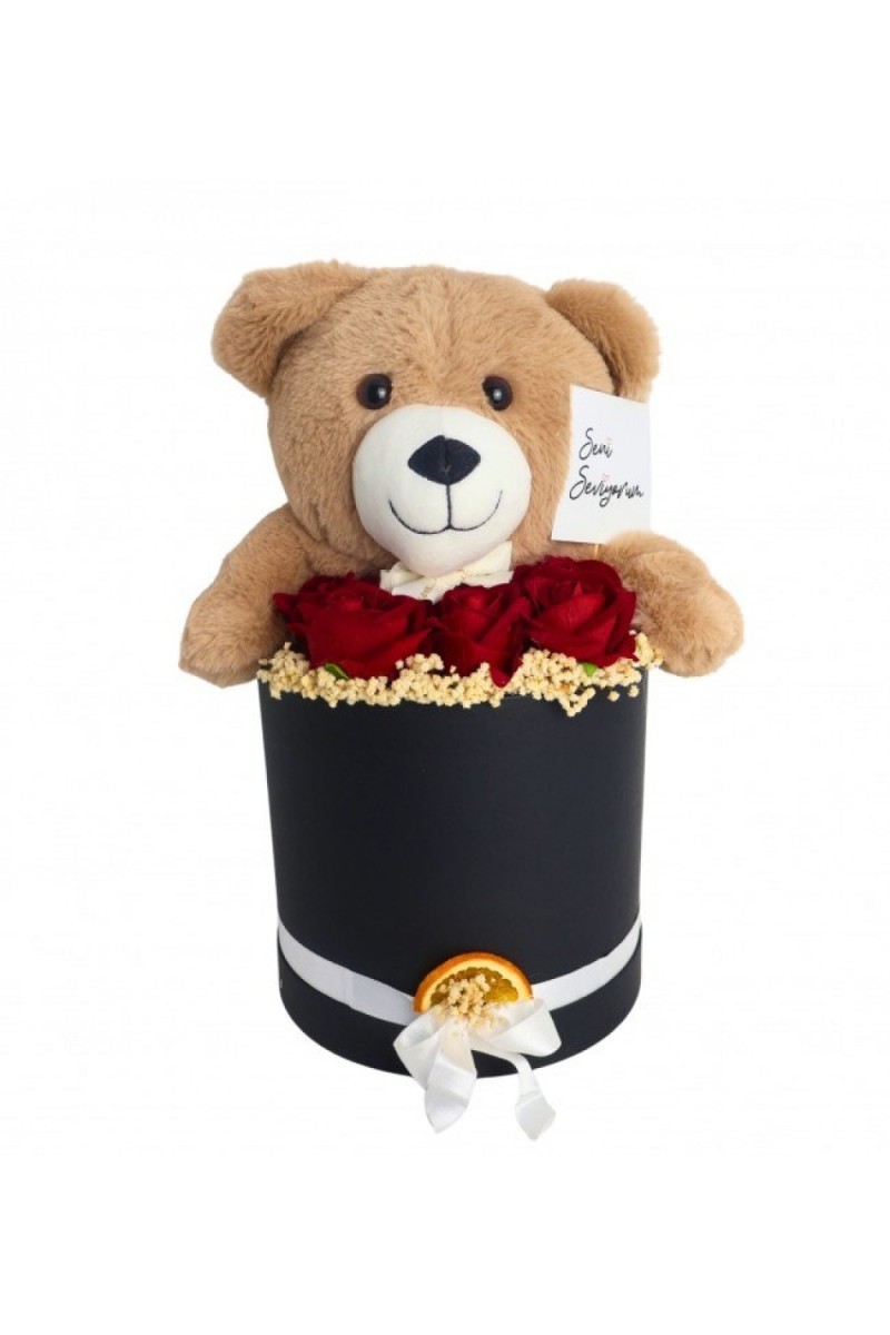 Sevdiklerinize Özel Kutuda Ayıcıklı Güller Kahverengi