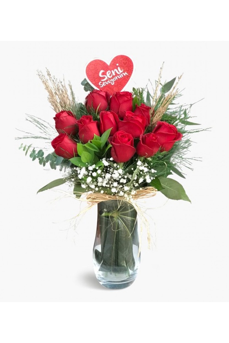 11 Kırmızı Gül Vazoda