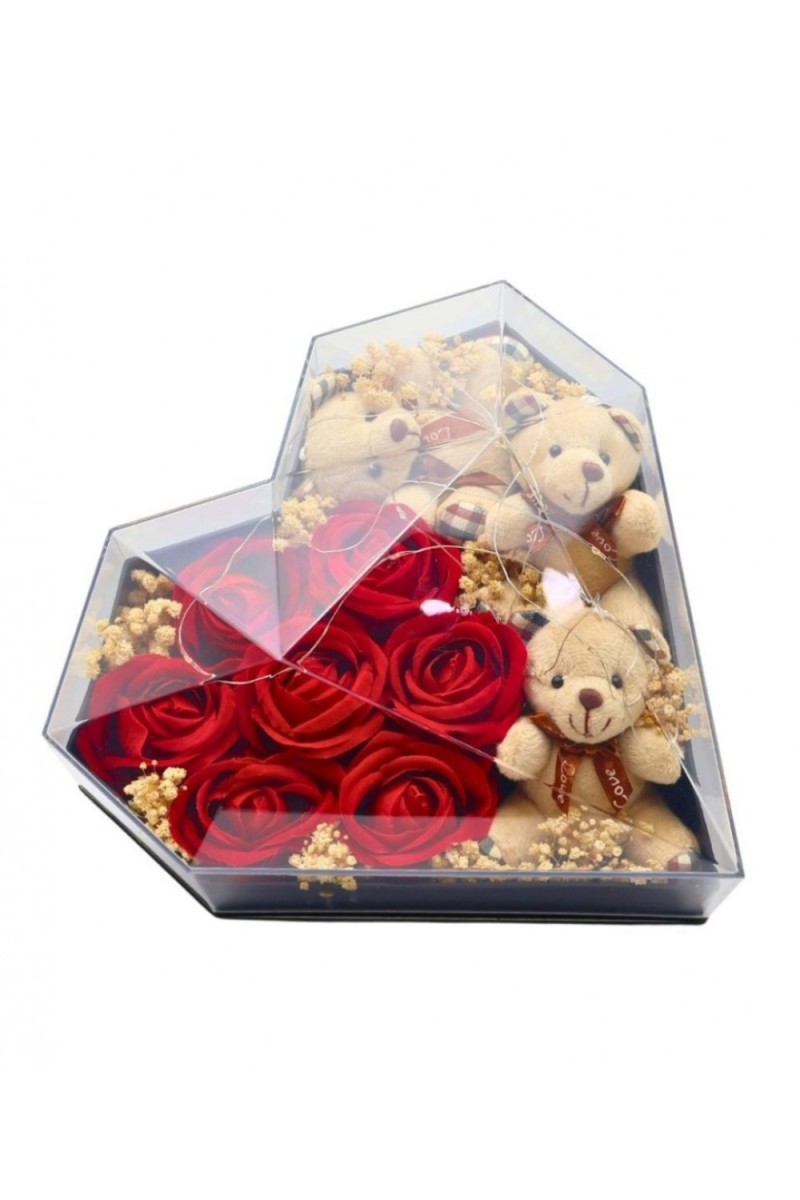 Sevdiklerinize Özel Ayıcıklı Kalpli Kutuda Kırmızı Gül