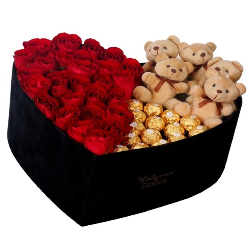 Kalp Kutuda Ayıcıklı Rocherli Kırmızı Gül