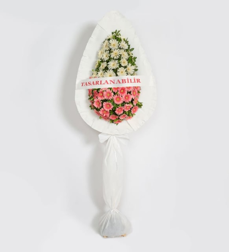 Beyaz ve Pembe Gerberalı Beyaz Çelenk