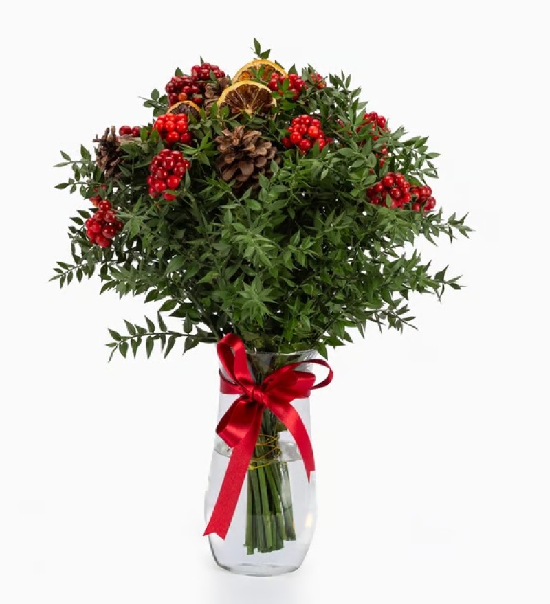 Kırmızı Kurdeleli Cam Vazoda Kokina Tasarımı