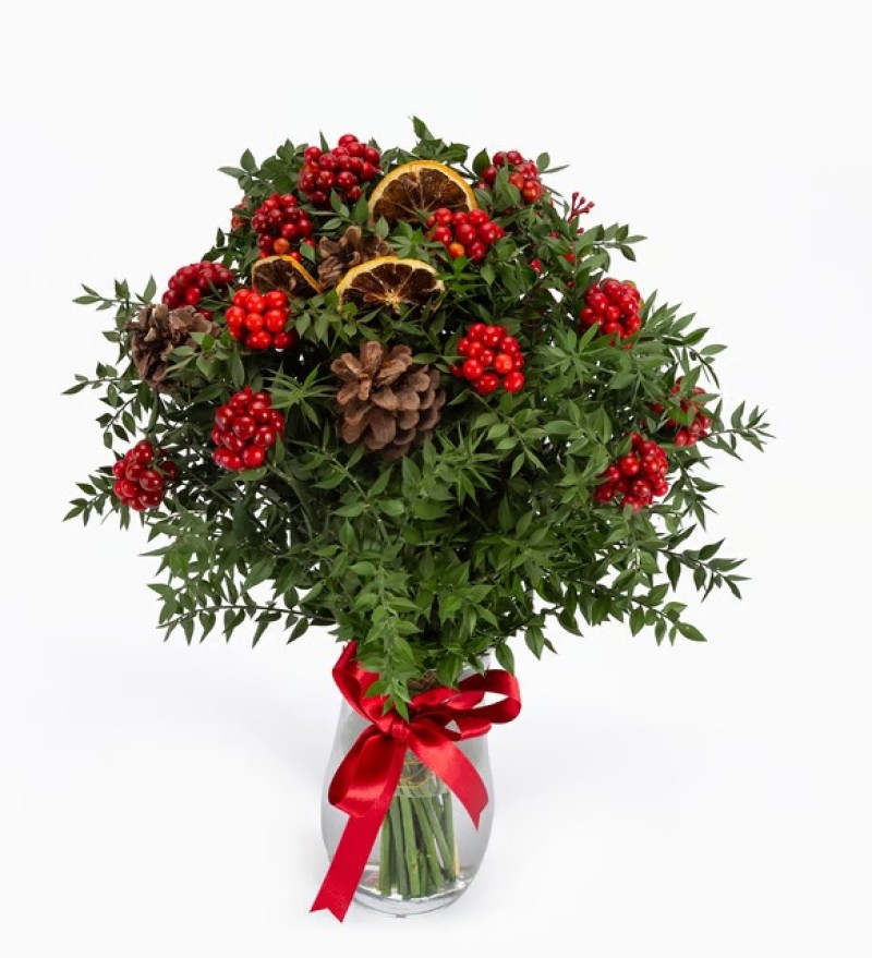 Kırmızı Kurdeleli Cam Vazoda Kokina Tasarımı