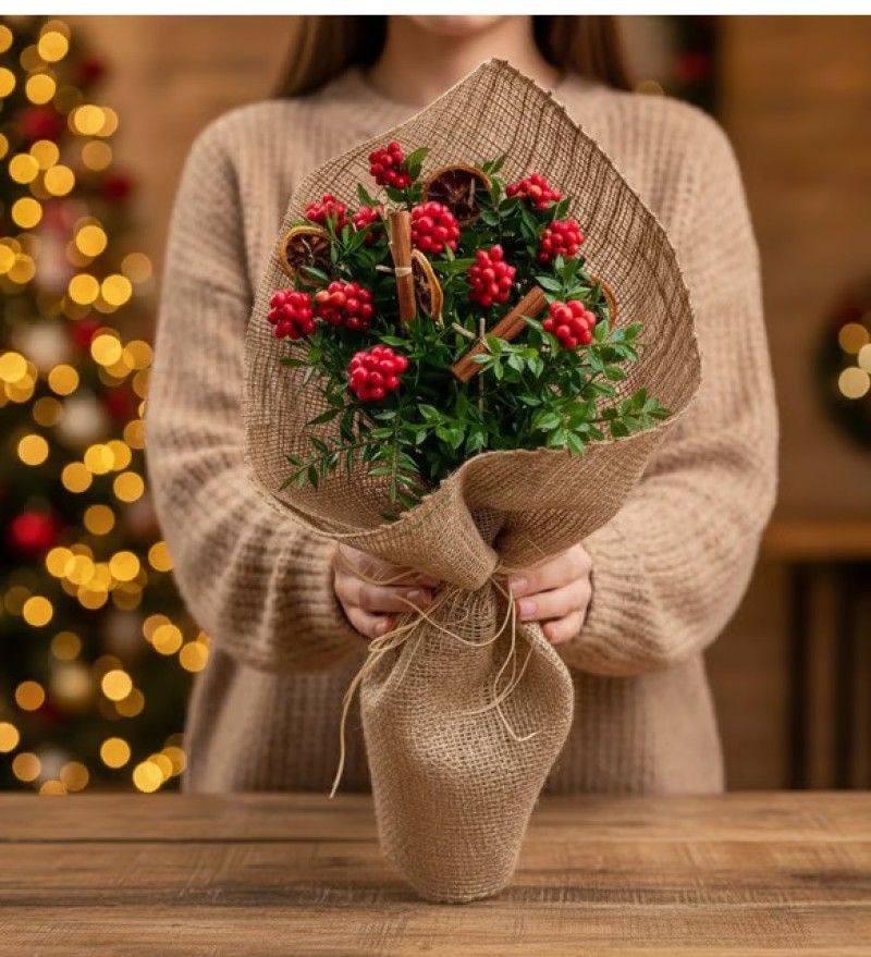 Premium Jüt Çuvalla Kokina Yılbaşı Çiçeği Buketi Tasarımı
