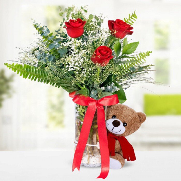 Cam Vazoda Ayıcıklı 3 Kırmızı Gül &AYICIK